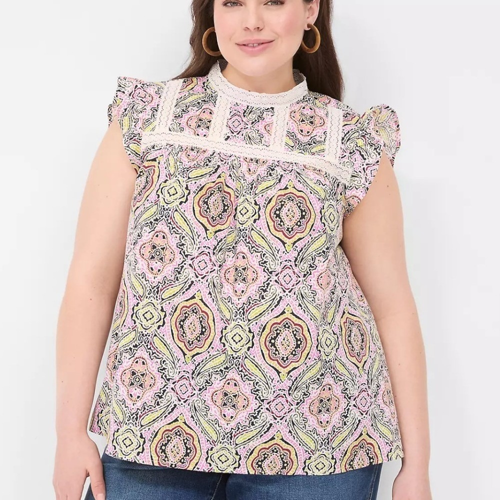 Lane Bryant Multicolor Paisley Lace Trim Ruffle Top Womens 22 Boho Cottagecore